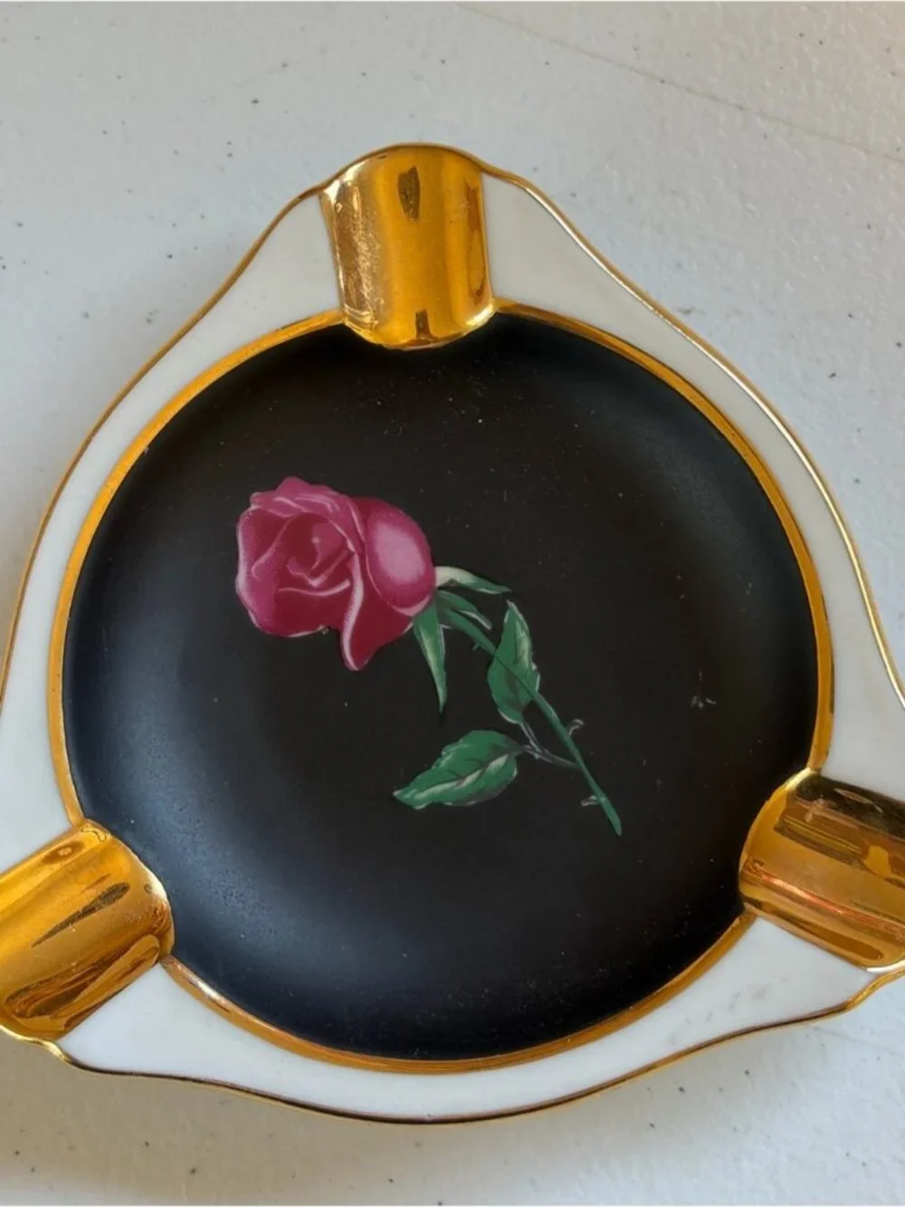 Vintage Japan Hollywood Regency Porcelain Ashtray Rose Gold Black Trinket Dish